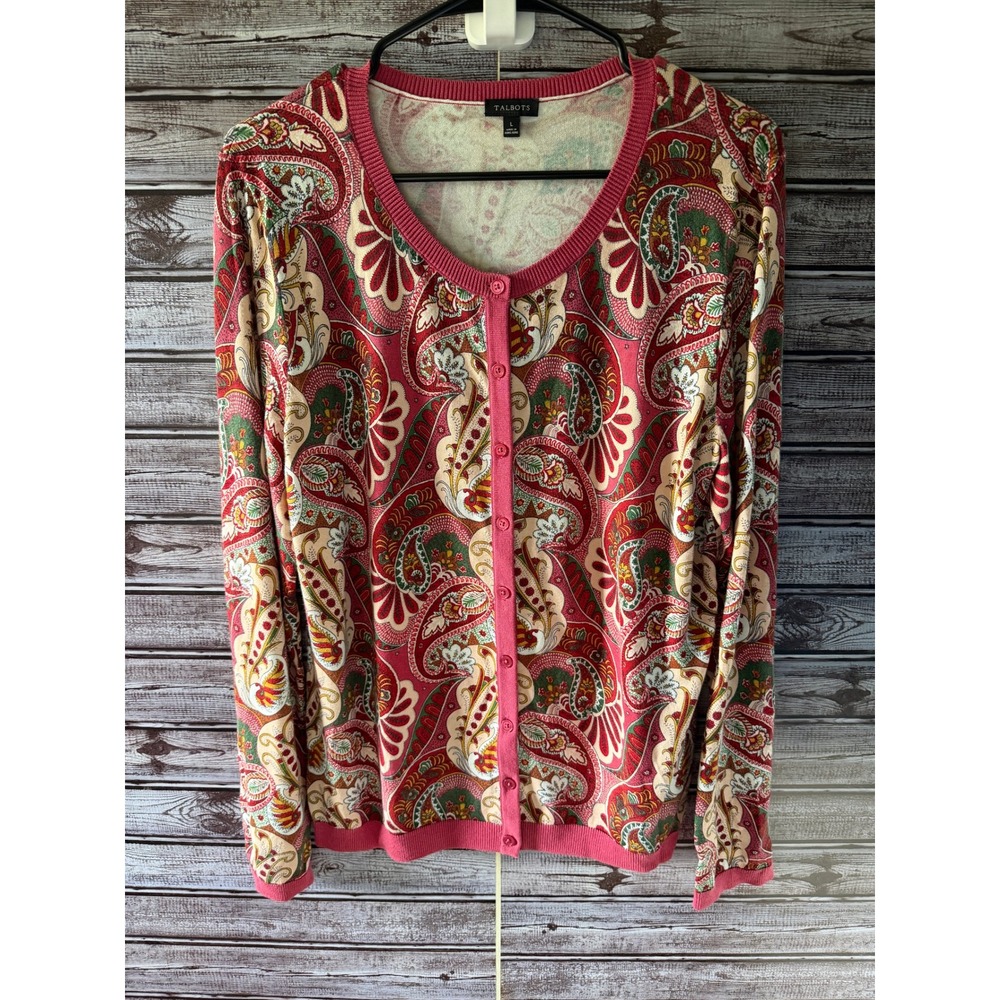 Talbots Women's Long-Sleeved Button-Down Cardigan Sweater Size L Pink‎ Paisley